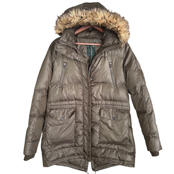 Ralph Lauren Down Puffer Jacket L Olive Green Hooded Faux Fur Coat Puffy - Picture 1 of 7